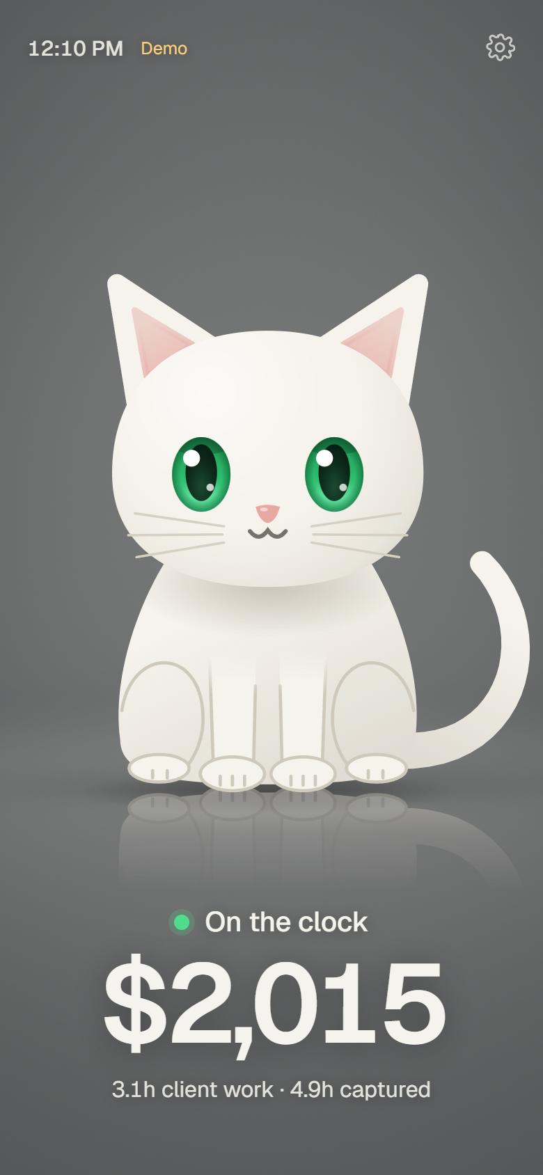 A phone showing a white cat sitting in a grey room above the words On the clock and a dollar figure for the day.